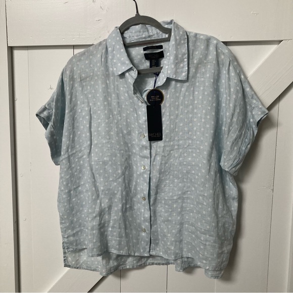 New Rachel Roy 100% linen blue polka dot Lagenlook boxy button front top L - Picture 1 of 6